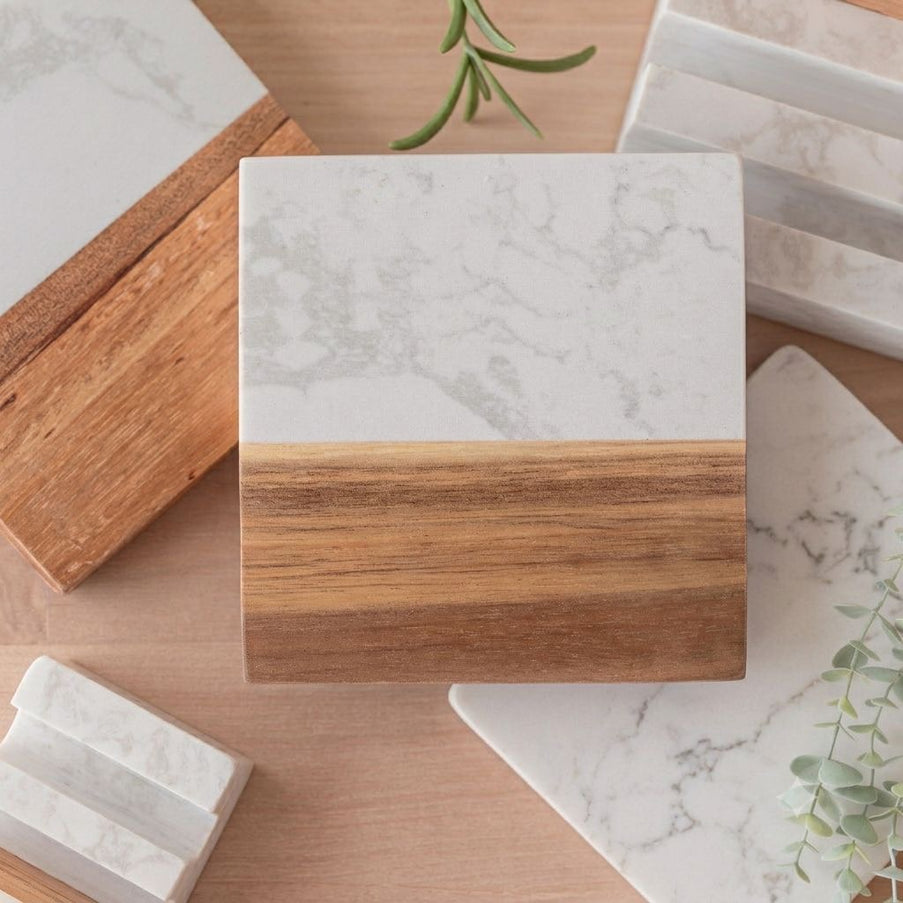Personalized Marble & Acacia Wood Coasters